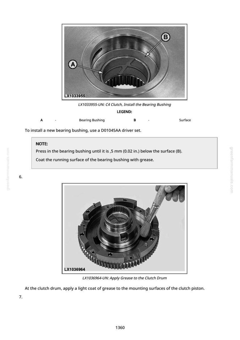 May include: Diagram of automotive parts, including a bearing bushing and clutch drum. The image shows detailed views of mechanical components with labels and instructions for assembly and maintenance. The text includes measurements in inches.