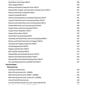 May include: A detailed table of contents from a manual, listing engine repair procedures. The text includes procedures for cylinder heads, valves, crankshafts, pistons, and electrical wiring. Page numbers are listed on the right.