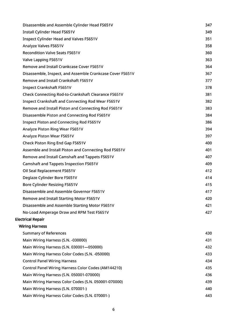May include: A detailed table of contents from a manual, listing engine repair procedures. The text includes procedures for cylinder heads, valves, crankshafts, pistons, and electrical wiring. Page numbers are listed on the right.