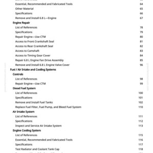 May include: A page from a manual with a table of contents. The text includes sections on engine repair, fuel systems, and cooling systems. Page numbers are visible on the right side of the page.