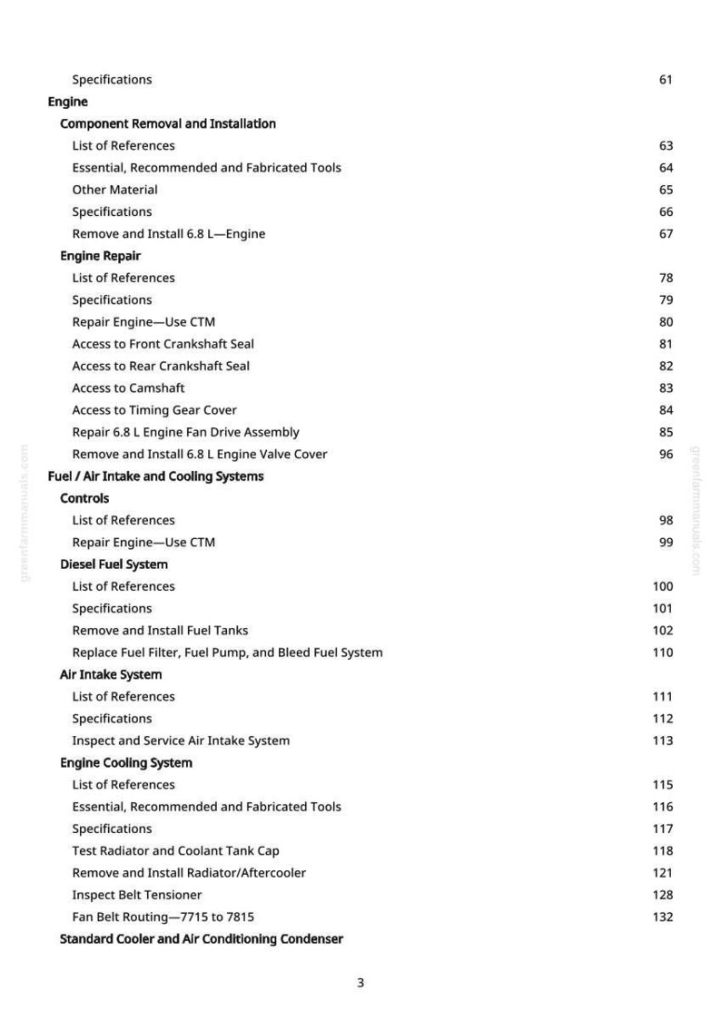 May include: A page from a manual with a table of contents. The text includes sections on engine repair, fuel systems, and cooling systems. Page numbers are visible on the right side of the page.
