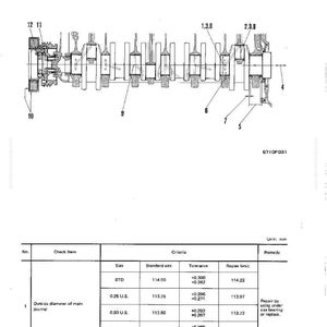 May include: Diagram of a crankshaft and vibration damper, with detailed mechanical components labeled. Includes a table with measurements in millimeters, standard sizes, tolerances, and repair limits. The text "MAINTENANCE STANDARD" is at the top.
