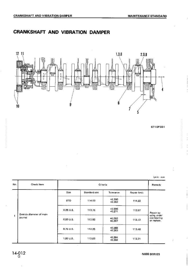 May include: Diagram of a crankshaft and vibration damper, with detailed mechanical components labeled. Includes a table with measurements in millimeters, standard sizes, tolerances, and repair limits. The text "MAINTENANCE STANDARD" is at the top.