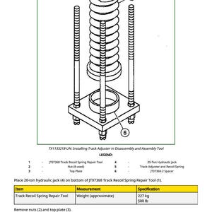 May include: Diagram of a track adjuster and recoil spring assembly tool. The image shows a detailed illustration of the tool, including a spring, a base, and supporting rods. The text includes a legend and specifications.