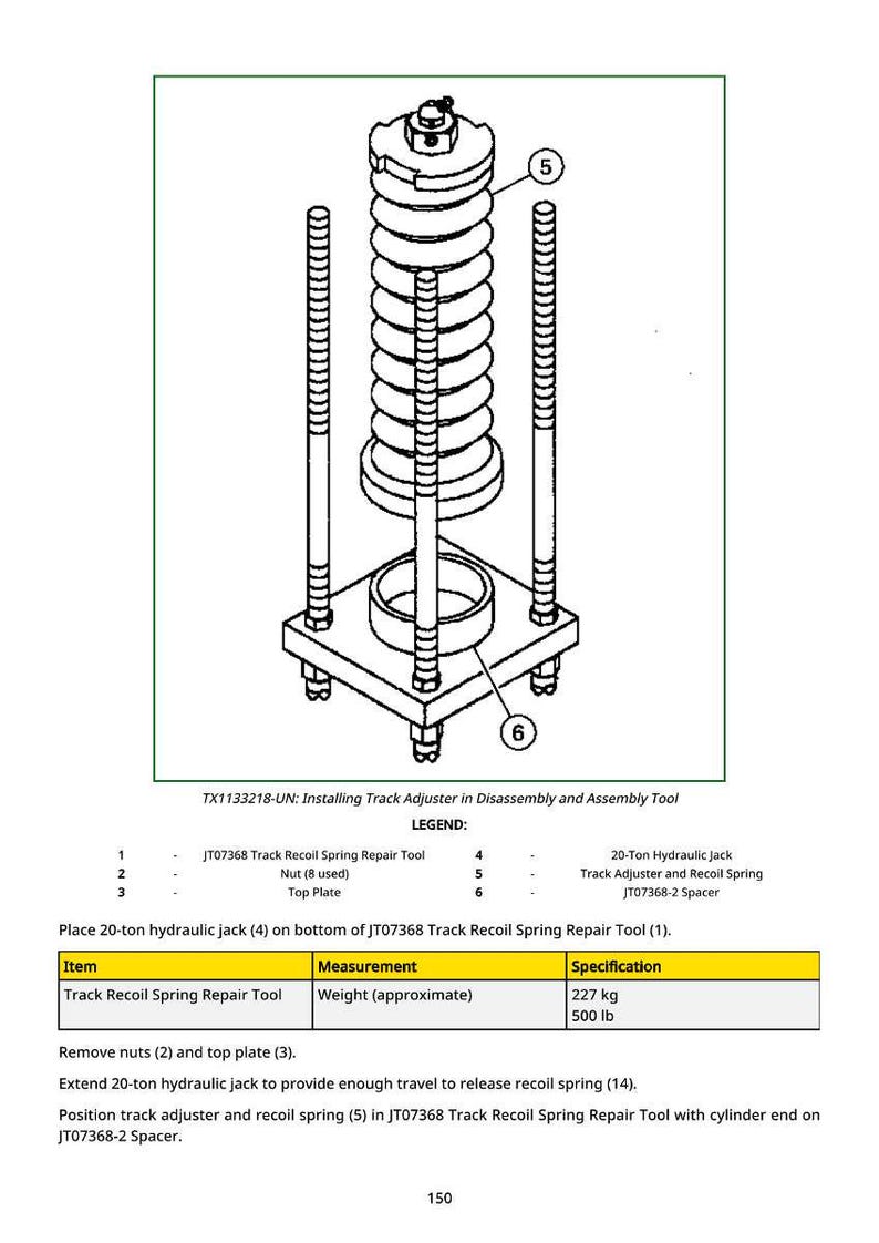 May include: Diagram of a track adjuster and recoil spring assembly tool. The image shows a detailed illustration of the tool, including a spring, a base, and supporting rods. The text includes a legend and specifications.
