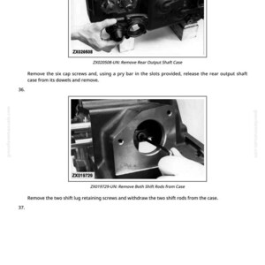 May include: Two black and white images from a manual showing mechanical components. The first image shows a person holding a part labeled ZX020508. The second image shows a person working on a part labeled ZX019729. Text on the page describes the removal of parts.