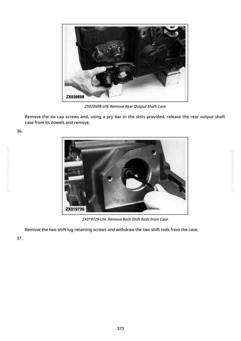May include: Two black and white images from a manual showing mechanical components. The first image shows a person holding a part labeled ZX020508. The second image shows a person working on a part labeled ZX019729. Text on the page describes the removal of parts.