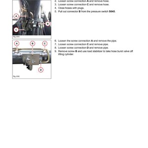Pu&ograve; includere: Schema di un sistema idraulico con valvola di scoppio del tubo flessibile e stabilizzatore di carico. L'immagine include istruzioni di smontaggio dettagliate, con componenti e diagrammi etichettati. Il testo include istruzioni per allentare i collegamenti a vite e rimuovere i tubi.