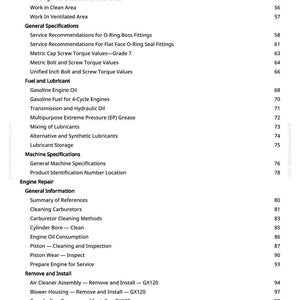 May include: A page from a manual with a table of contents. The text includes topics like engine repair, fuel, lubricants, and machine specifications. Page numbers are listed on the right.
