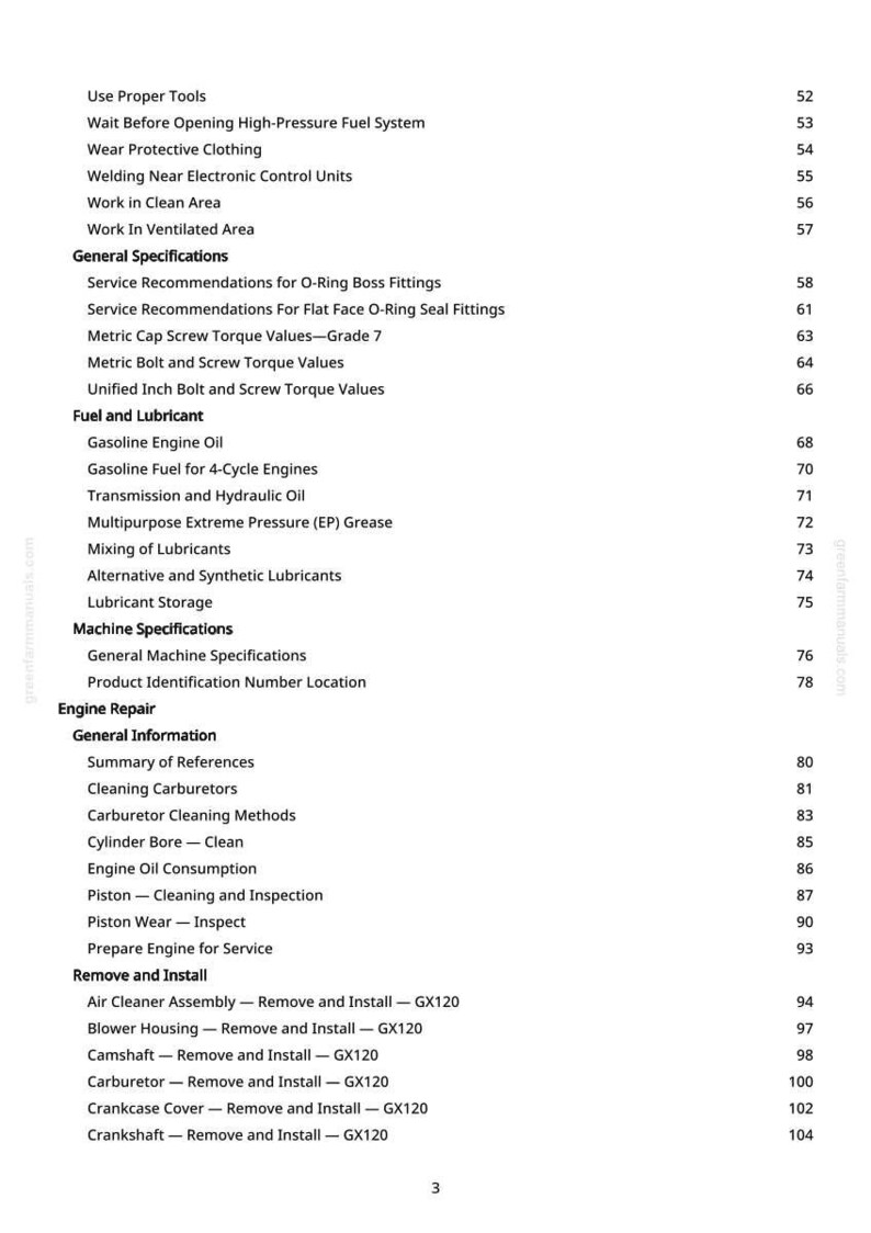 May include: A page from a manual with a table of contents. The text includes topics like engine repair, fuel, lubricants, and machine specifications. Page numbers are listed on the right.