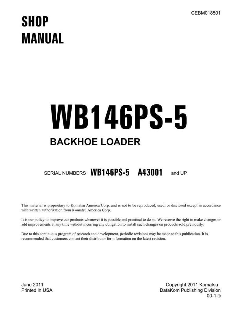 Puede incluir: Manual de taller blanco con el t&iacute;tulo "SHOP MANUAL" y el modelo "WB146PS-5" para una retrocargadora. El documento presenta texto negro, incluidos los n&uacute;meros de serie y los detalles de derechos de autor, impreso en EE. UU.