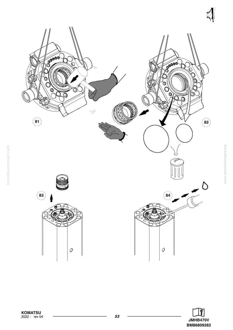 May include: Technical diagram of mechanical components, including gears, cylinders, and circular parts. The image is a black and white illustration with arrows indicating assembly steps. The KOMATSU logo and model information are at the bottom.