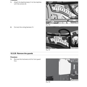 Op de afbeelding: Pagina uit een Fendt-tractormanual met diagrammen die de installatie van dagrijlichten en het verwijderen van beschermkappen illustreren. De afbeeldingen tonen gedetailleerde weergaven van het interieur van de tractor, met labels en instructies. Tekst bevat "Dagrijlichten installeren" en "Beschermkappen verwijderen."