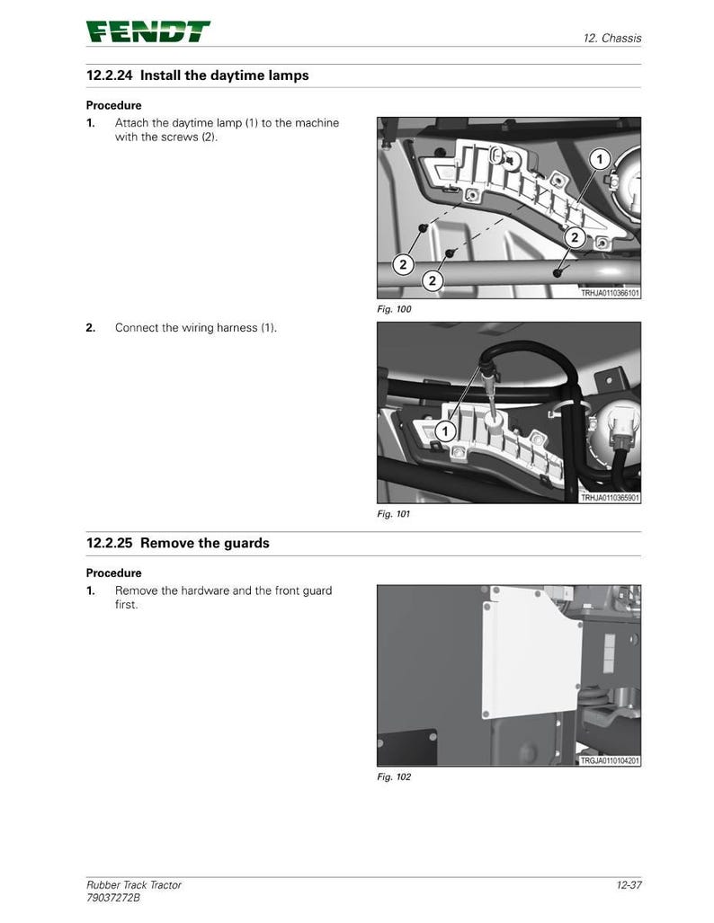 Op de afbeelding: Pagina uit een Fendt-tractormanual met diagrammen die de installatie van dagrijlichten en het verwijderen van beschermkappen illustreren. De afbeeldingen tonen gedetailleerde weergaven van het interieur van de tractor, met labels en instructies. Tekst bevat "Dagrijlichten installeren" en "Beschermkappen verwijderen."