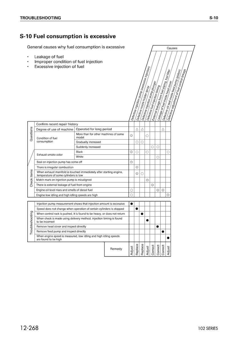 May include: A troubleshooting guide titled "S-10 Fuel consumption is excessive." The document lists causes of excessive fuel consumption and includes a chart with check items, questions, and remedies. The text is in black and white.