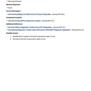 May include: A white page with black text detailing technical information, including alarm levels, machine response, and circuit information. The text includes bullet points and references to diagnostic codes and component locations. The page is labeled with "LEGEND" at the top.