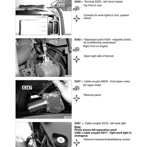 May include: Diagram of electrical components for a Fendt 900 Vario tractor. Includes close-up images of various parts, such as the mirror heater, magnetic clutch, and wiper motor. Text labels identify each component.