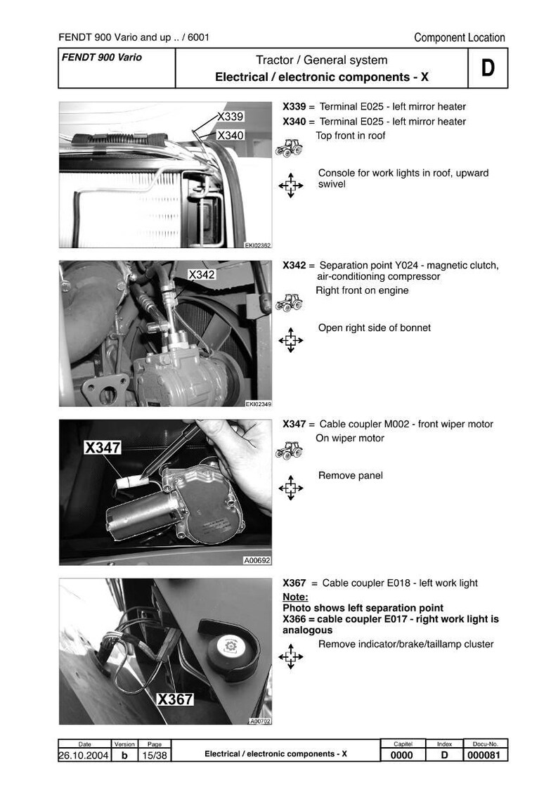 May include: Diagram of electrical components for a Fendt 900 Vario tractor. Includes close-up images of various parts, such as the mirror heater, magnetic clutch, and wiper motor. Text labels identify each component.