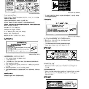 K&ouml;nnte beinhalten: Sicherheitshinweise mit Text und Warnsymbolen f&uuml;r einen Rasenm&auml;her. Enth&auml;lt Warnungen vor Brandgefahren, rotierenden Messern und umherfliegenden Gegenst&auml;nden. Mit Sicherheitsanweisungen und Diagrammen.