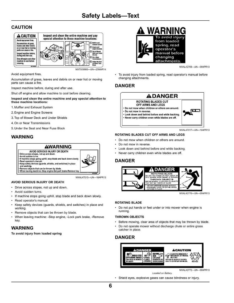 K&ouml;nnte beinhalten: Sicherheitshinweise mit Text und Warnsymbolen f&uuml;r einen Rasenm&auml;her. Enth&auml;lt Warnungen vor Brandgefahren, rotierenden Messern und umherfliegenden Gegenst&auml;nden. Mit Sicherheitsanweisungen und Diagrammen.
