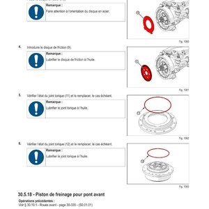 May include: Diagram of brake piston assembly with instructions in French. Includes illustrations of parts like a red friction disc, a circular seal, and a detailed view of the assembly.