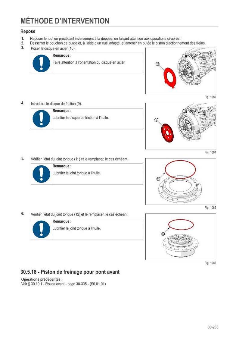 May include: Diagram of brake piston assembly with instructions in French. Includes illustrations of parts like a red friction disc, a circular seal, and a detailed view of the assembly.
