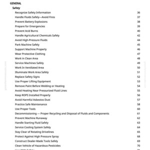 May include: A white page titled "Table of Contents" with a list of safety-related topics. The list includes "Handle Fluids Safely," "Prevent Battery Explosions," and "Wear Protective Clothing." Page numbers are listed on the right.