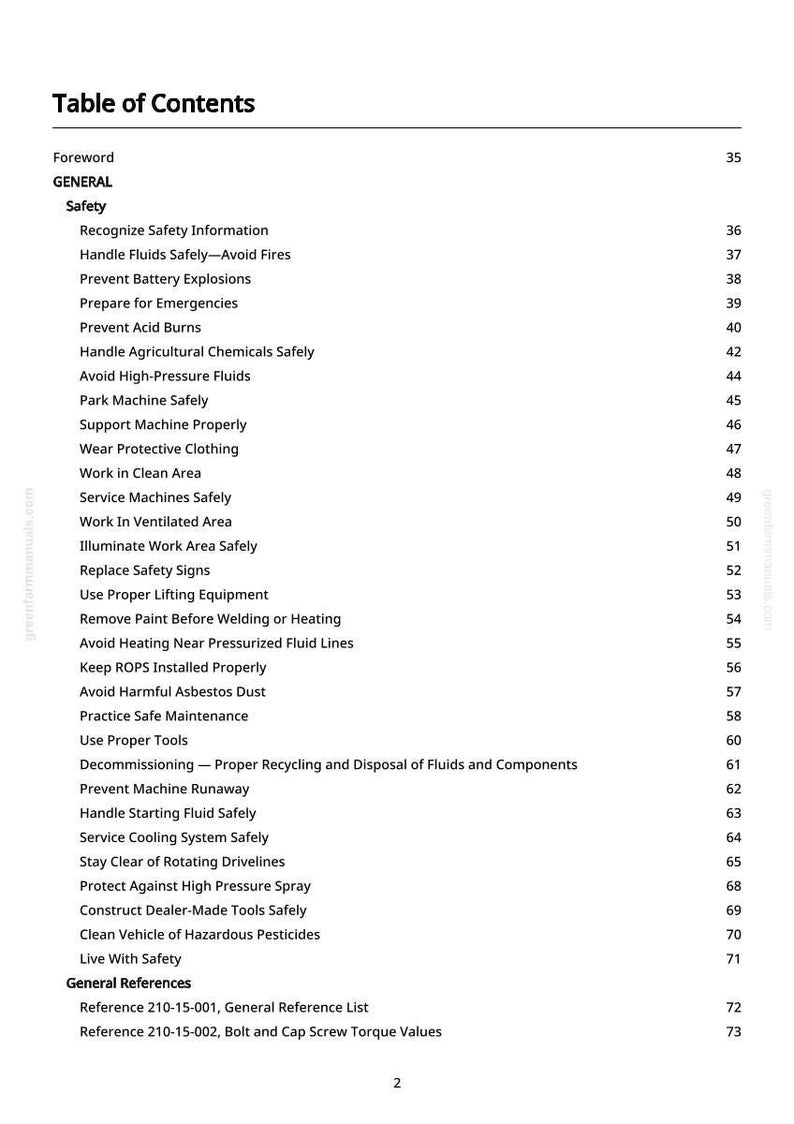 May include: A white page titled "Table of Contents" with a list of safety-related topics. The list includes "Handle Fluids Safely," "Prevent Battery Explosions," and "Wear Protective Clothing." Page numbers are listed on the right.