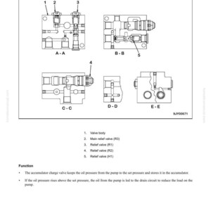 May include: Diagram of a brake system with labels for valve body, relief valves, and main relief valve. The diagram includes multiple views (A-A, B-B, C-C, D-D, E-E) and text describing the function of the accumulator charge valve.