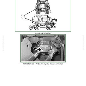 May include: Diagram of an air conditioning high-pressure service port, labeled X23. The image includes a schematic of a vehicle and a close-up photo of the port's location. Text includes "Air Conditioning High Pressure Service Port".