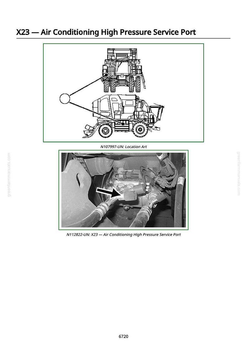 May include: Diagram of an air conditioning high-pressure service port, labeled X23. The image includes a schematic of a vehicle and a close-up photo of the port's location. Text includes "Air Conditioning High Pressure Service Port".