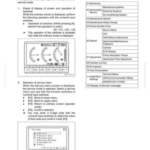 May include: A page from a manual with instructions on testing and adjusting equipment. It includes diagrams of a screen display and a service menu, along with numbered steps and function keys.