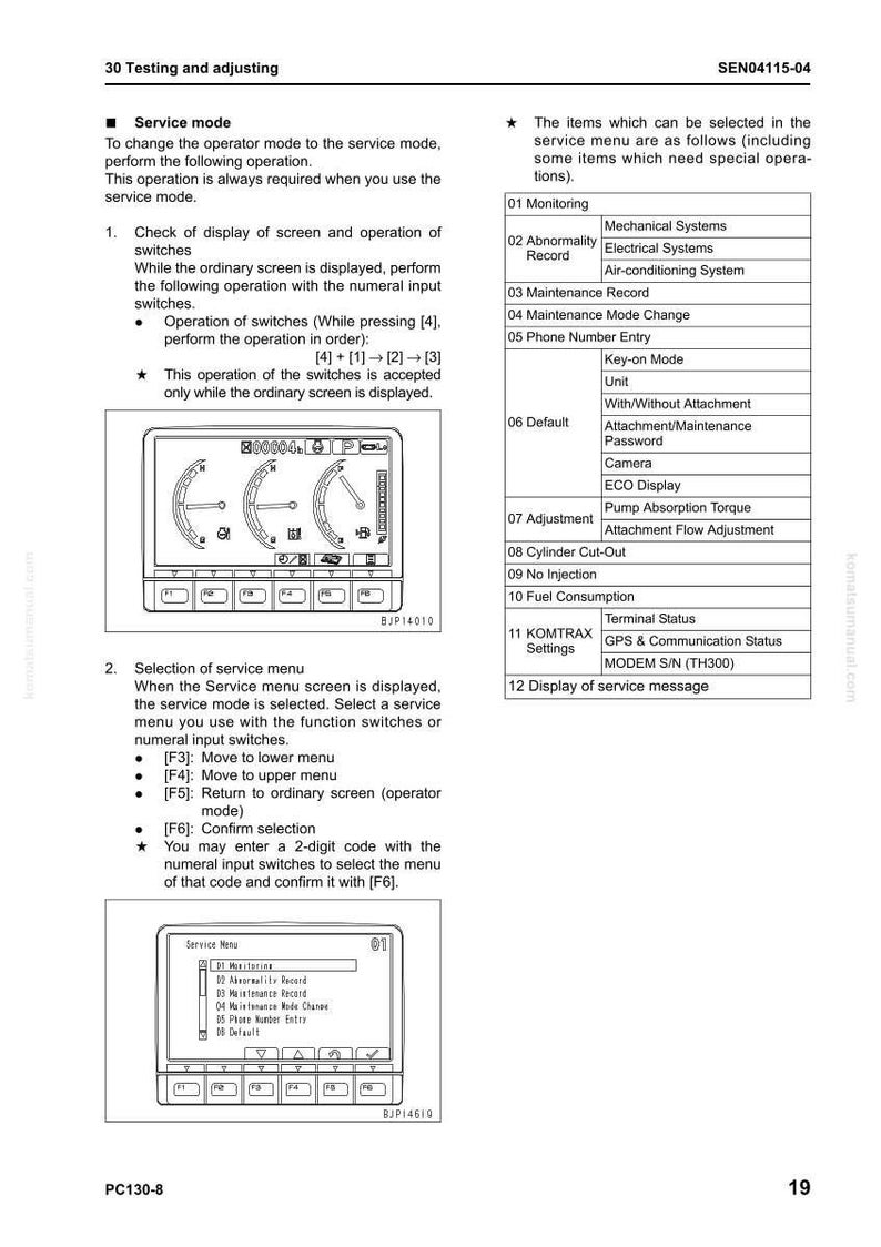 May include: A page from a manual with instructions on testing and adjusting equipment. It includes diagrams of a screen display and a service menu, along with numbered steps and function keys.