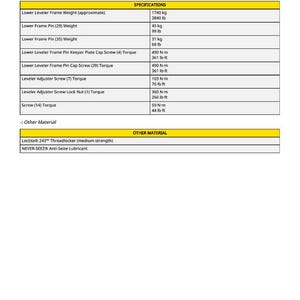 May include: A technical document titled "Lower Leveler Frame Remove and Install" with specifications. It includes measurements for frame weight, pin weights, and torque values for screws and nuts. The document also lists "Other Material" including threadlocker and anti-seize lubricant.