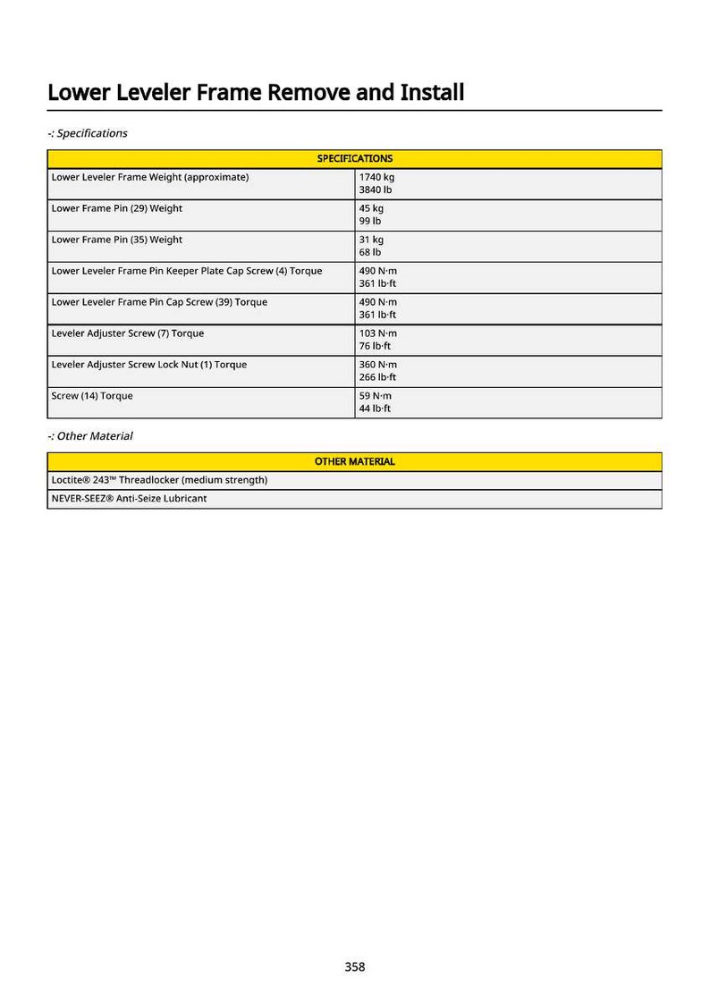 May include: A technical document titled "Lower Leveler Frame Remove and Install" with specifications. It includes measurements for frame weight, pin weights, and torque values for screws and nuts. The document also lists "Other Material" including threadlocker and anti-seize lubricant.