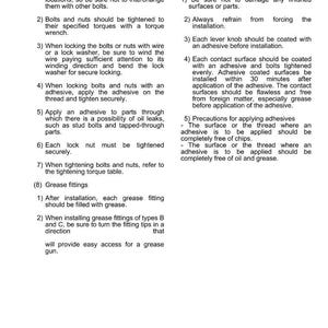 May include: A page from a service manual, titled "MF1740/1749 SERVICE MANUAL." The text details instructions for bolts, nuts, grease fittings, and other precautions. The document includes numbered steps and sub-sections for clarity. The page is white with black text.