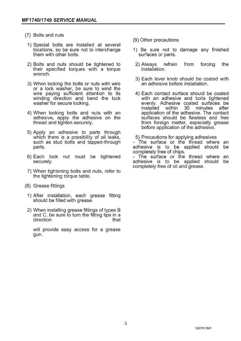 May include: A page from a service manual, titled "MF1740/1749 SERVICE MANUAL." The text details instructions for bolts, nuts, grease fittings, and other precautions. The document includes numbered steps and sub-sections for clarity. The page is white with black text.