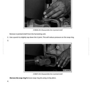 May include: Image from a manual showing the disassembly of a U-jointed shaft. The image includes close-ups of the shaft and hands using tools. Text on the image reads "Disassemble the U-Jointed Shaft" and provides numbered steps.