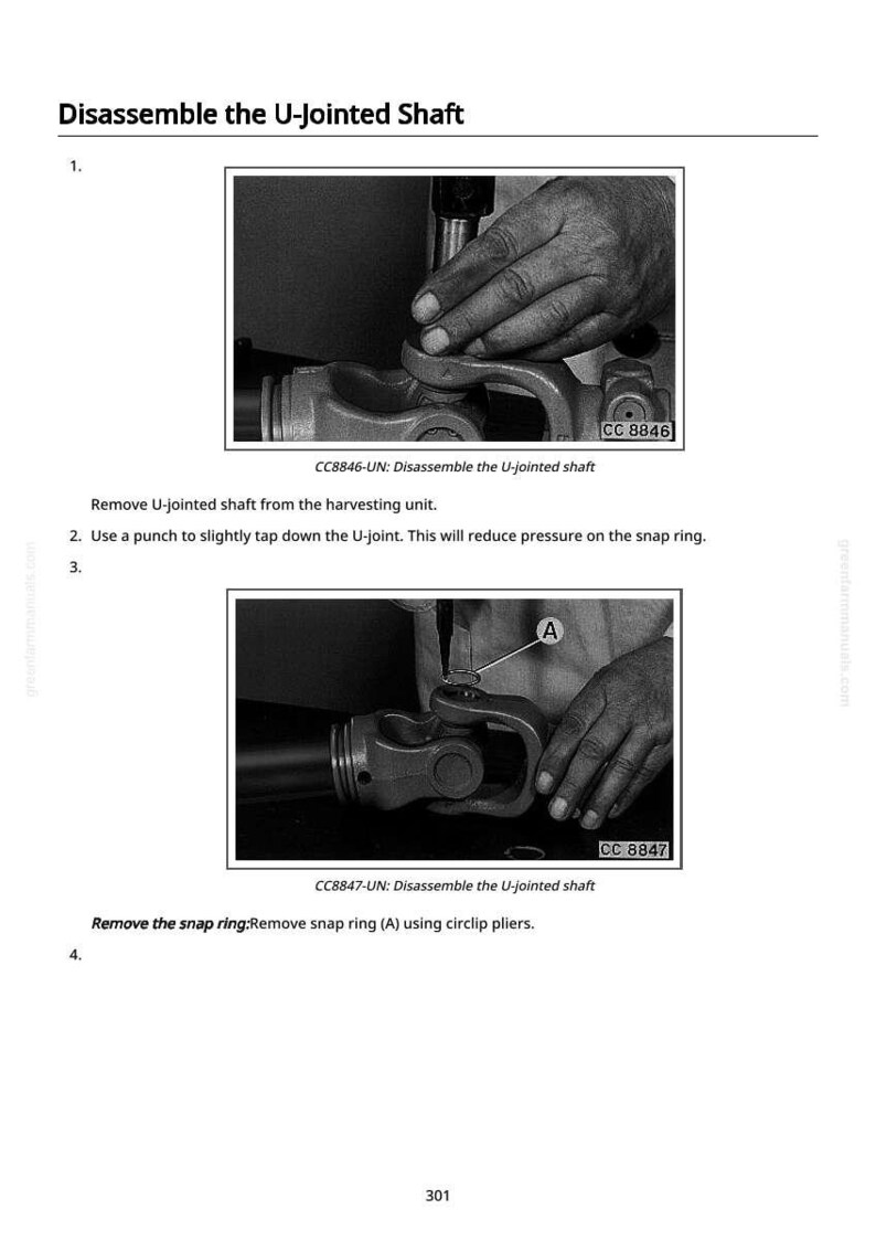 May include: Image from a manual showing the disassembly of a U-jointed shaft. The image includes close-ups of the shaft and hands using tools. Text on the image reads "Disassemble the U-Jointed Shaft" and provides numbered steps.