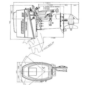 Op de afbeelding: Technische tekening van een D36AX dieselmotor, met bovenaanzicht en zijaanzicht, afmetingen in mm. De afbeelding bevat gedetailleerde metingen en technische specificaties. Tekst bevat "DIESEL 36" en "YANMAR".