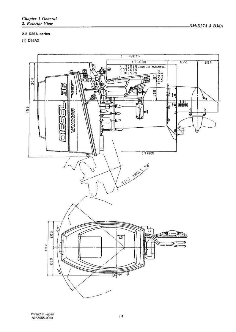 Op de afbeelding: Technische tekening van een D36AX dieselmotor, met bovenaanzicht en zijaanzicht, afmetingen in mm. De afbeelding bevat gedetailleerde metingen en technische specificaties. Tekst bevat "DIESEL 36" en "YANMAR".
