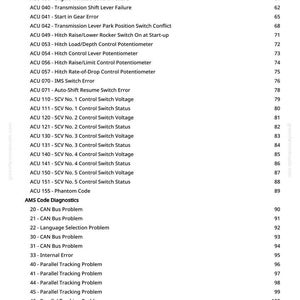 May include: A white page with a list of diagnostic codes and descriptions, including "Throttle and Hitch Controls Calibration Failure" and "CAN Bus Problem." The document is from greenfarmumanuals.com.