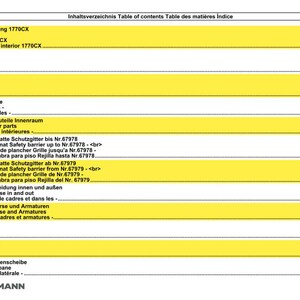 May include: A table of contents page from a Weidemann manual, featuring a yellow and white design. The text includes German, English, French, and Spanish terms for vehicle parts like "Lining," "Heating," and "Frames."