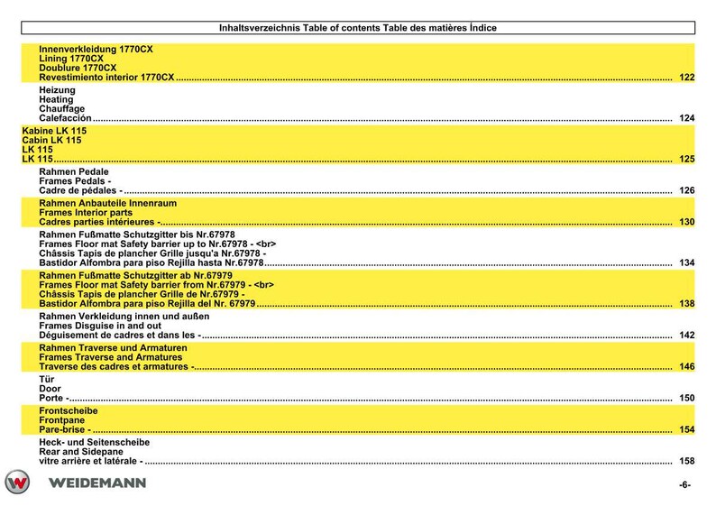 May include: A table of contents page from a Weidemann manual, featuring a yellow and white design. The text includes German, English, French, and Spanish terms for vehicle parts like "Lining," "Heating," and "Frames."