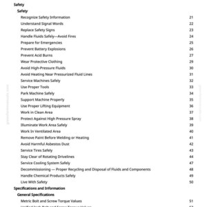 May include: A page from a manual titled "Table of Contents" with a list of safety-related topics. The text is black on a white background, with topics like "Prevent Battery Explosions" and "Service Tires Safely".