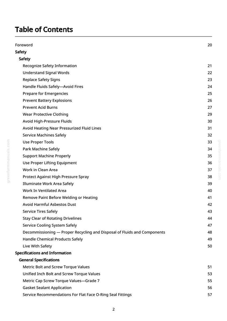 May include: A page from a manual titled "Table of Contents" with a list of safety-related topics. The text is black on a white background, with topics like "Prevent Battery Explosions" and "Service Tires Safely".