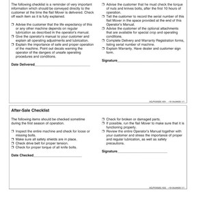 Pode incluir: Um documento de lista de verifica&ccedil;&atilde;o com duas se&ccedil;&otilde;es: Lista de Verifica&ccedil;&atilde;o de Entrega e Lista de Verifica&ccedil;&atilde;o P&oacute;s-Venda. A Lista de Verifica&ccedil;&atilde;o de Entrega inclui itens como explicar a opera&ccedil;&atilde;o da m&aacute;quina e a garantia. A Lista de Verifica&ccedil;&atilde;o P&oacute;s-Venda cobre inspe&ccedil;&otilde;es e seguran&ccedil;a.
