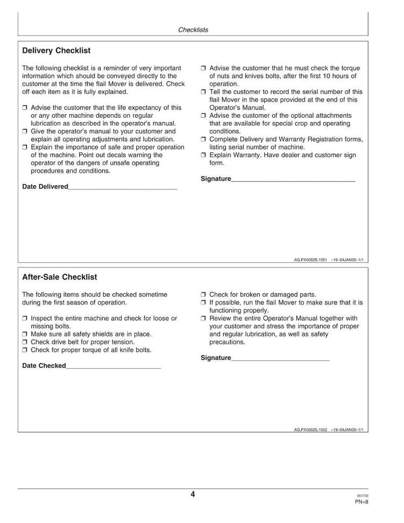 Pode incluir: Um documento de lista de verifica&ccedil;&atilde;o com duas se&ccedil;&otilde;es: Lista de Verifica&ccedil;&atilde;o de Entrega e Lista de Verifica&ccedil;&atilde;o P&oacute;s-Venda. A Lista de Verifica&ccedil;&atilde;o de Entrega inclui itens como explicar a opera&ccedil;&atilde;o da m&aacute;quina e a garantia. A Lista de Verifica&ccedil;&atilde;o P&oacute;s-Venda cobre inspe&ccedil;&otilde;es e seguran&ccedil;a.