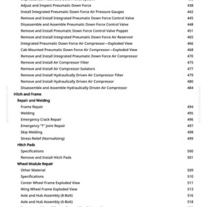 May include: A white page with a detailed table of contents for a mechanical system. The text includes terms like "Pneumatic Down Force," "Welding," and "Wheel Module Repair," with page numbers listed on the right.