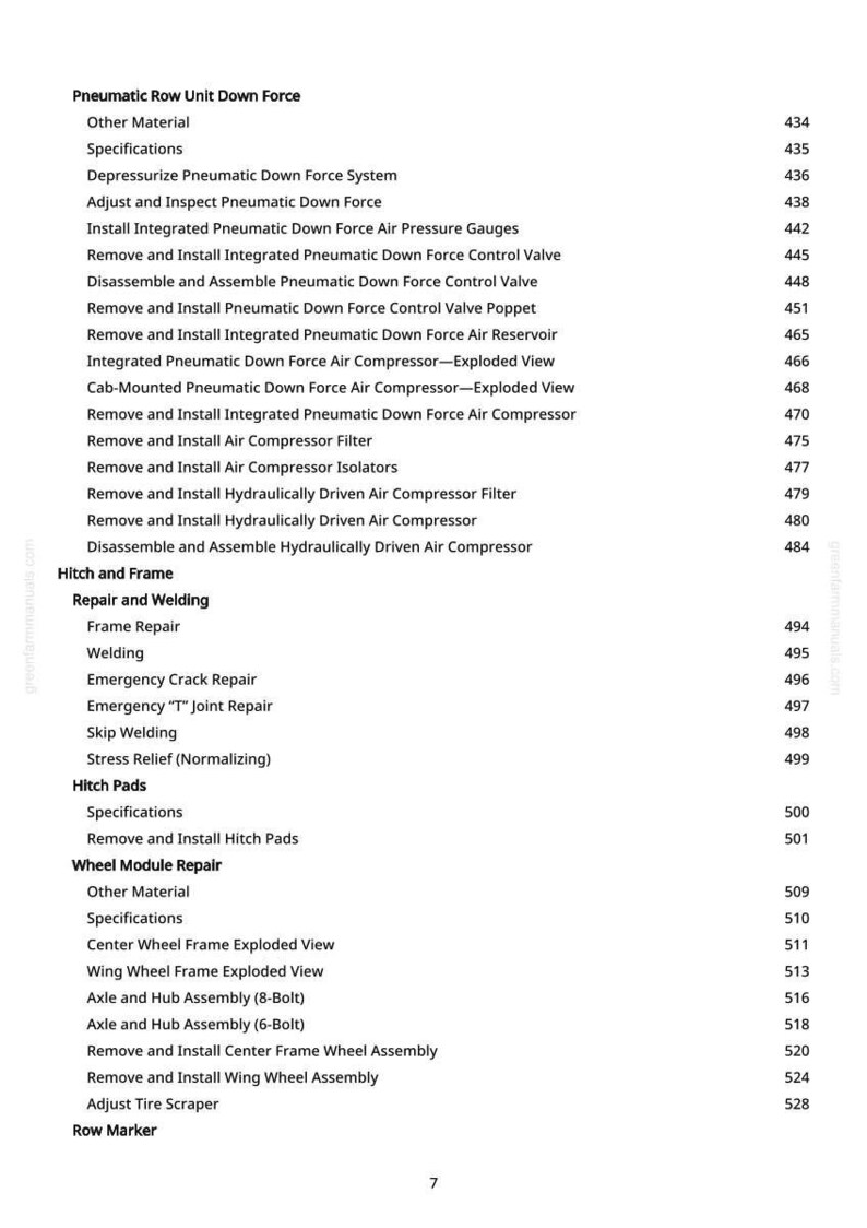 May include: A white page with a detailed table of contents for a mechanical system. The text includes terms like "Pneumatic Down Force," "Welding," and "Wheel Module Repair," with page numbers listed on the right.